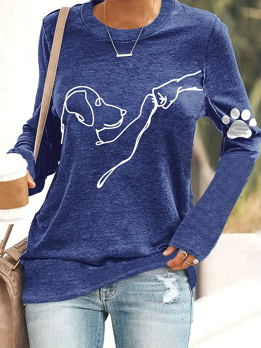 Dog & Paw Print T-shirt, Casual Long Sleeve Top