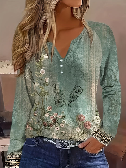 Floral Print Notch Neck T-Shirt, Casual Long Sleeve Top